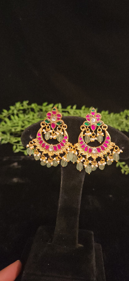 Majestic Pink & Green Chandbali Kundan Jhumkas