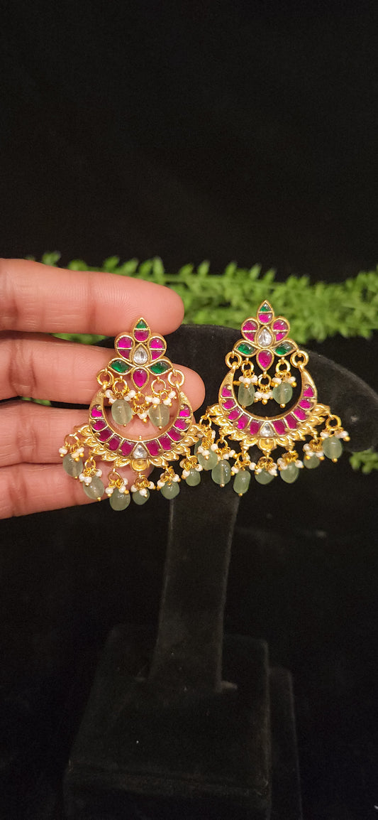Majestic Pink & Green Chandbali Kundan Jhumkas