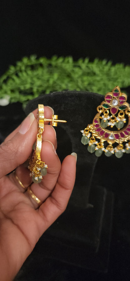 Majestic Pink & Green Chandbali Kundan Jhumkas