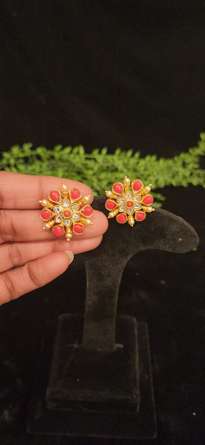 Vibrant Coral Floral Studs