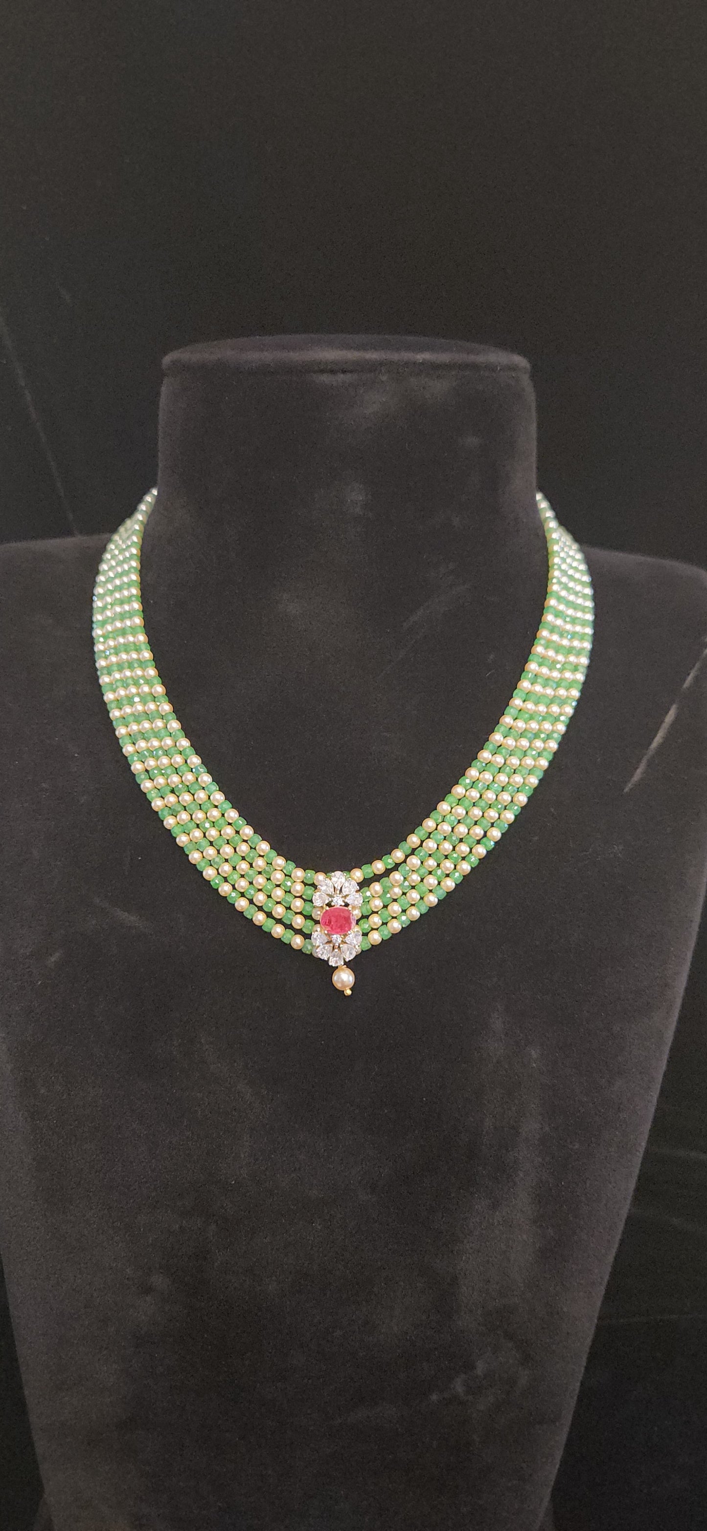 Regal 5 Layered CZ bead and Swarovski pearl Mala with 92.5 Silver Floral Pendant