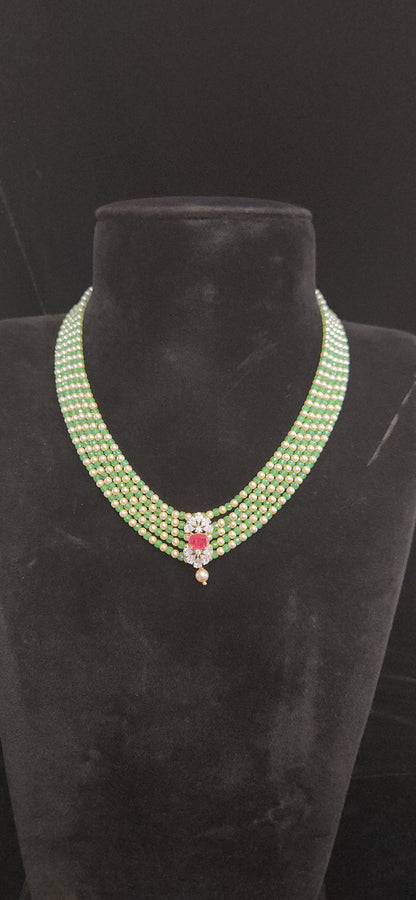 Regal 5 Layered CZ bead and Swarovski pearl Mala with 92.5 Silver Floral Pendant