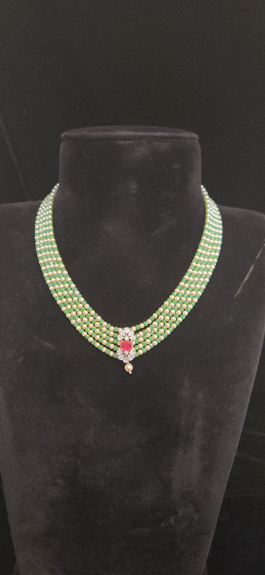 Regal 5 Layered CZ bead and Swarovski pearl Mala with 92.5 Silver Floral Pendant