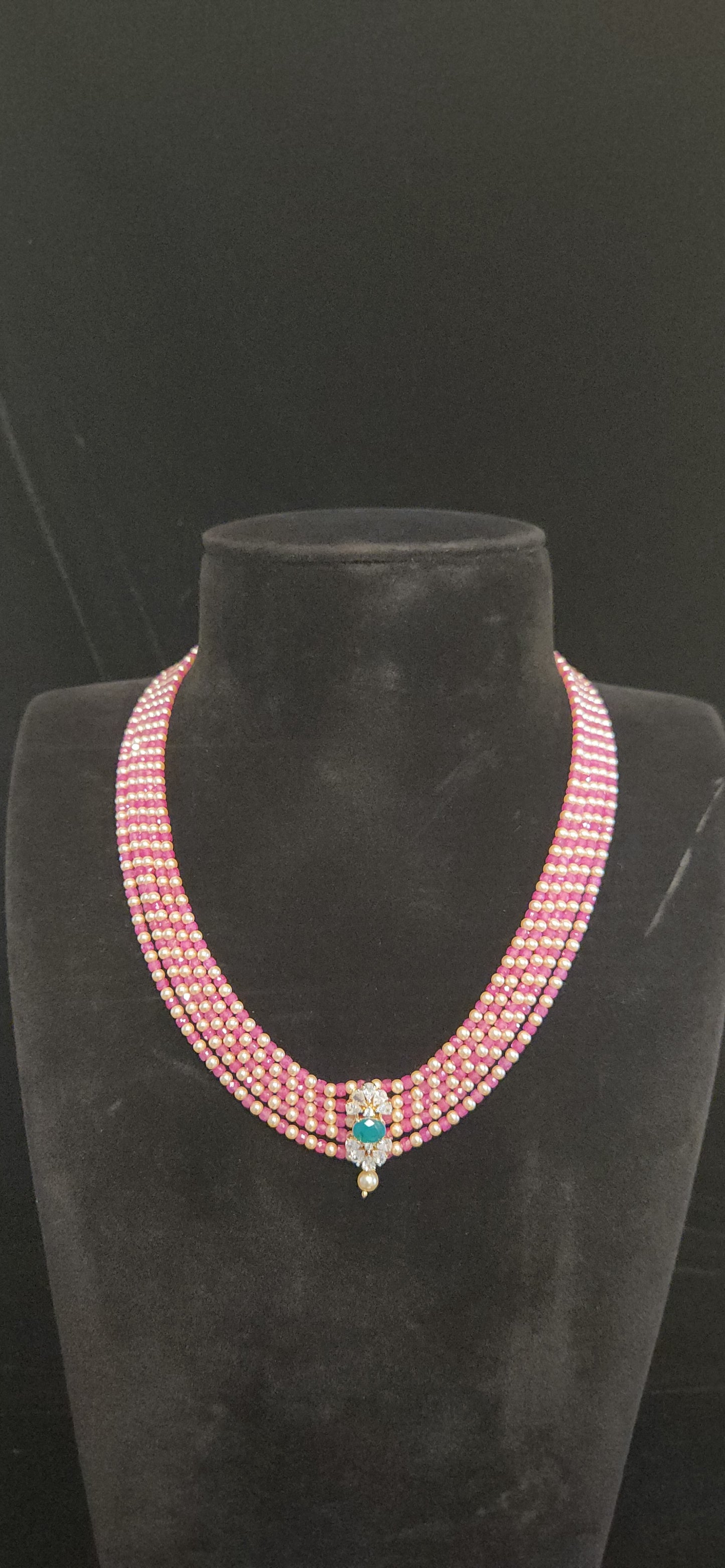Regal 5 Layered CZ bead and Swarovski pearl Mala with 92.5 Silver Floral Pendant