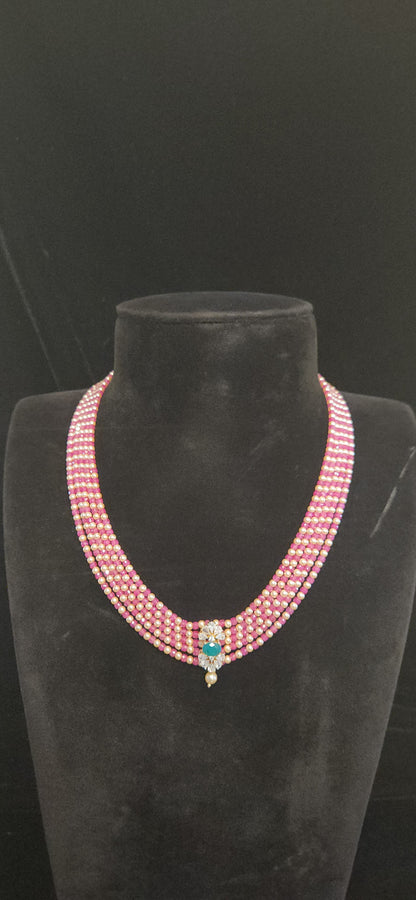 Regal 5 Layered CZ bead and Swarovski pearl Mala with 92.5 Silver Floral Pendant