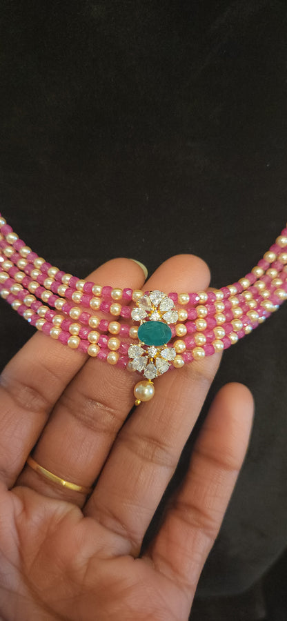 Regal 5 Layered CZ bead and Swarovski pearl Mala with 92.5 Silver Floral Pendant