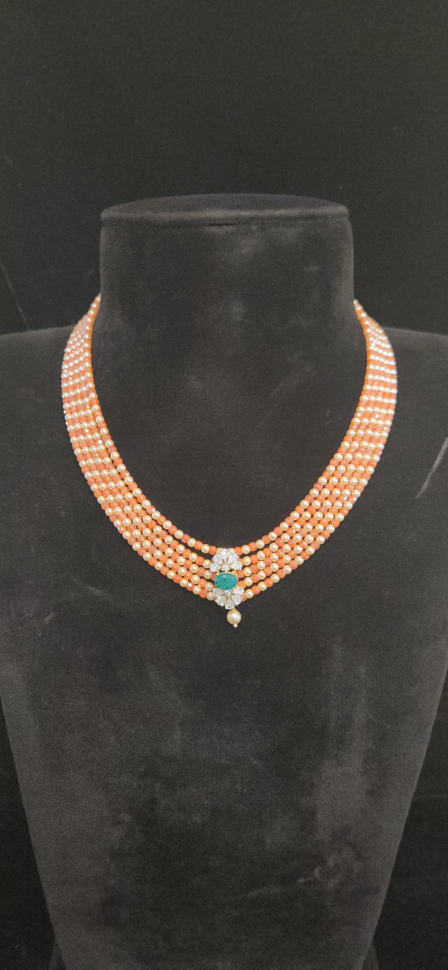 Regal 5 Layered CZ bead and Swarovski pearl Mala with 92.5 Silver Floral Pendant