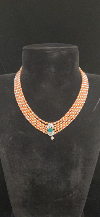 Regal 5 Layered CZ bead and Swarovski pearl Mala with 92.5 Silver Floral Pendant