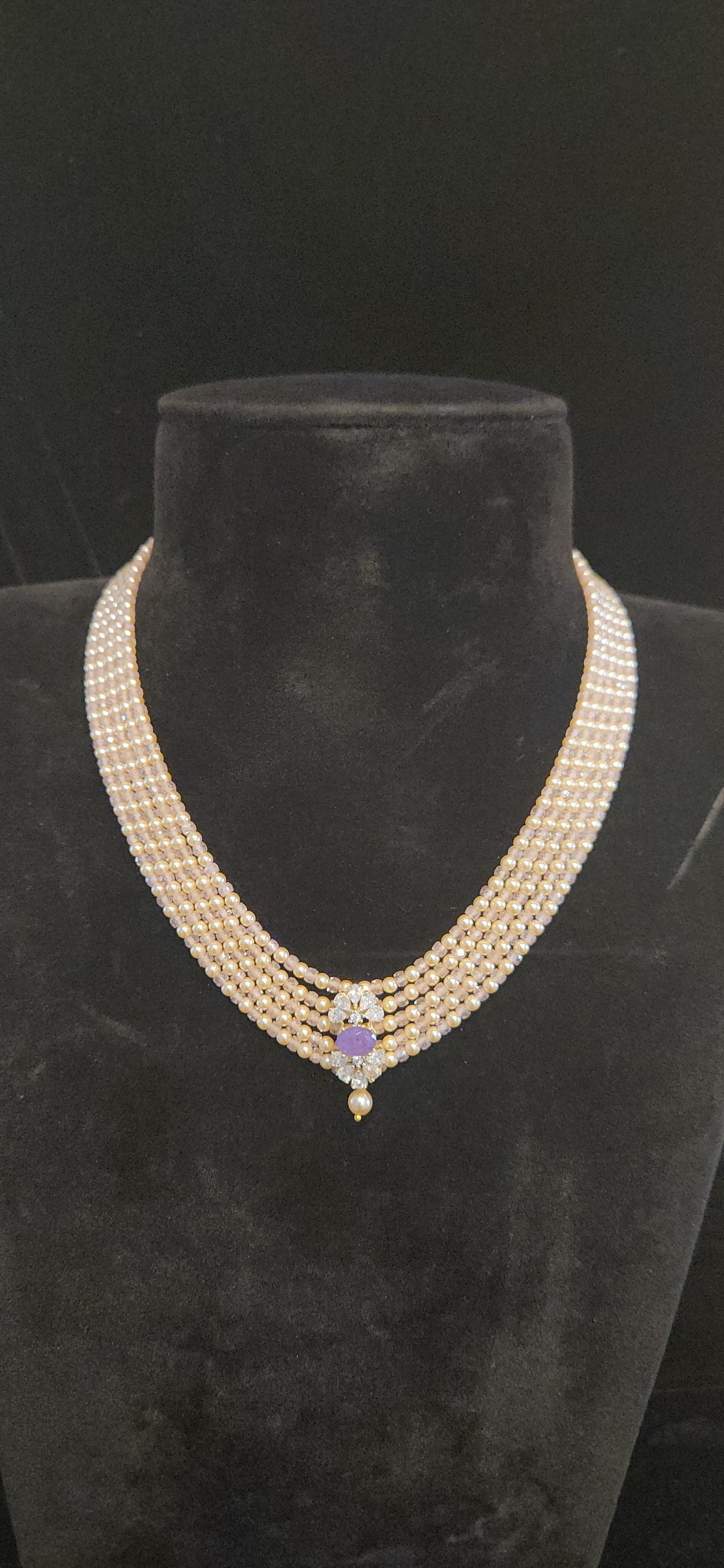 Regal 5 Layered CZ bead and Swarovski pearl Mala with 92.5 Silver Floral Pendant