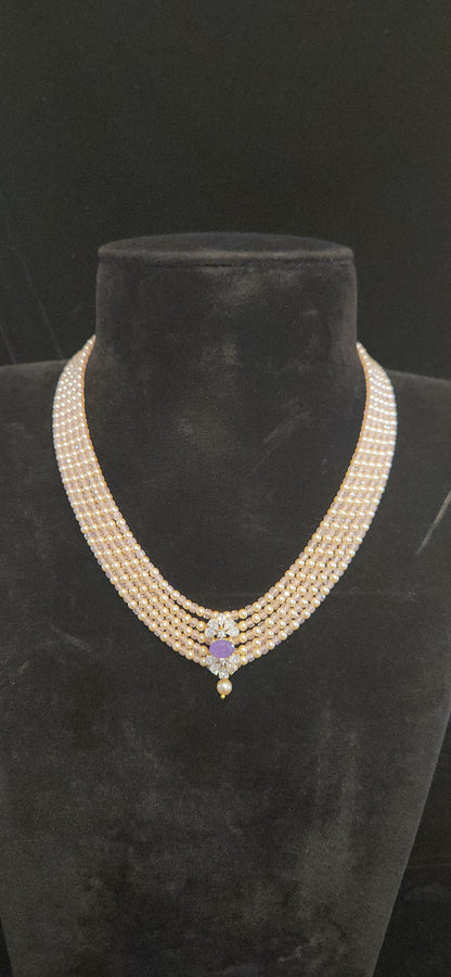 Regal 5 Layered CZ bead and Swarovski pearl Mala with 92.5 Silver Floral Pendant