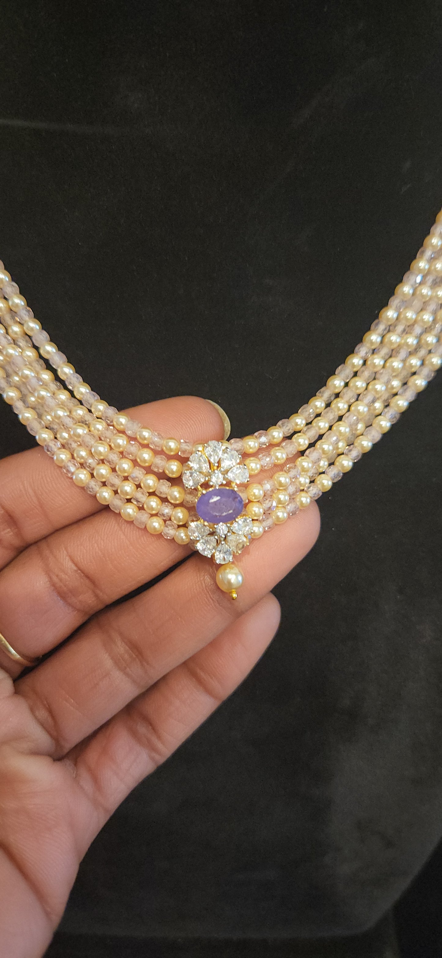 Regal 5 Layered CZ bead and Swarovski pearl Mala with 92.5 Silver Floral Pendant