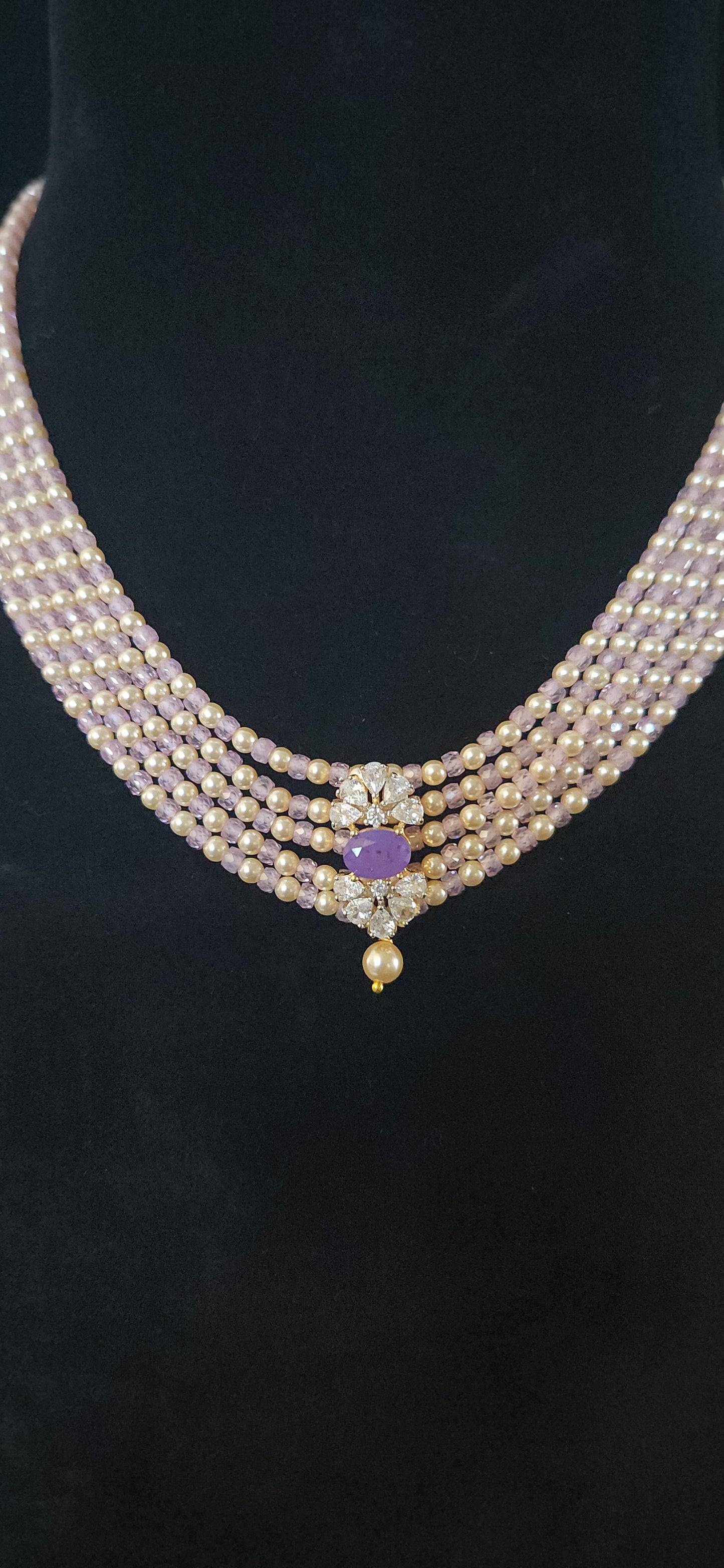 Regal 5 Layered CZ bead and Swarovski pearl Mala with 92.5 Silver Floral Pendant