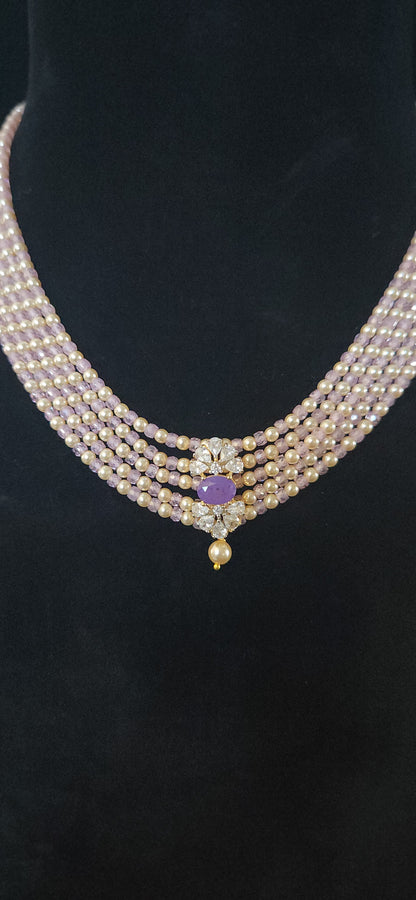 Regal 5 Layered CZ bead and Swarovski pearl Mala with 92.5 Silver Floral Pendant