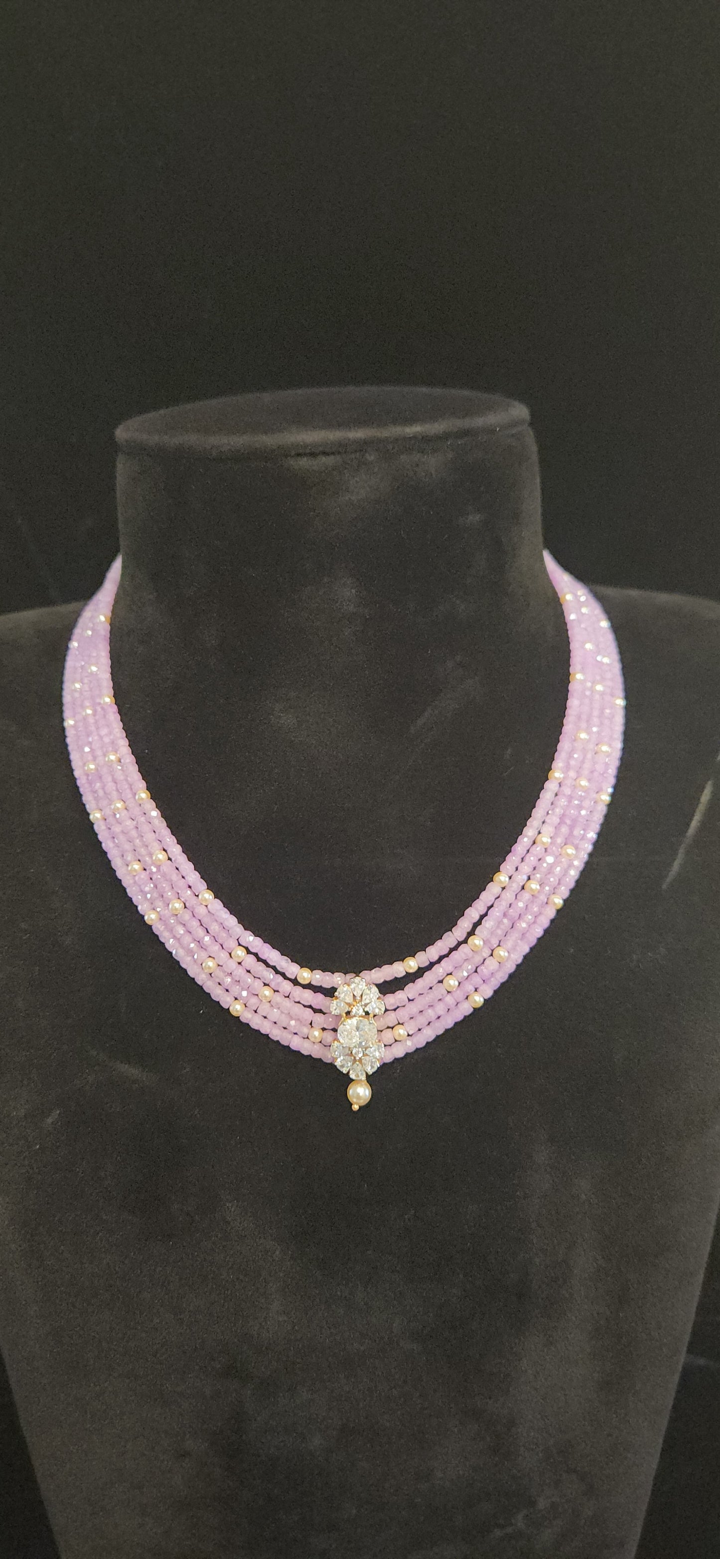 Regal 5 Layered CZ bead and Swarovski pearl Mala with 92.5 Silver Floral Pendant