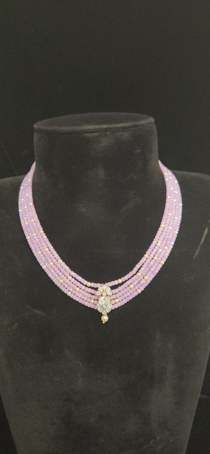 Regal 5 Layered CZ bead and Swarovski pearl Mala with 92.5 Silver Floral Pendant