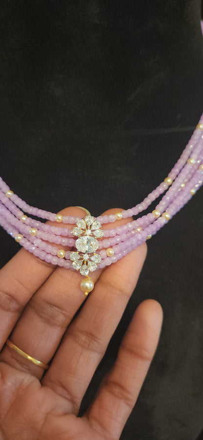 Regal 5 Layered CZ bead and Swarovski pearl Mala with 92.5 Silver Floral Pendant