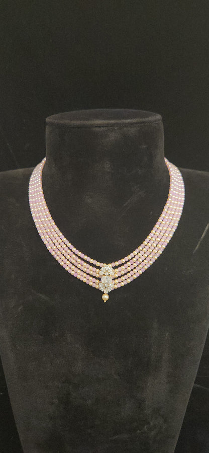 Regal 5 Layered CZ bead and Swarovski pearl Mala with 92.5 Silver Floral Pendant