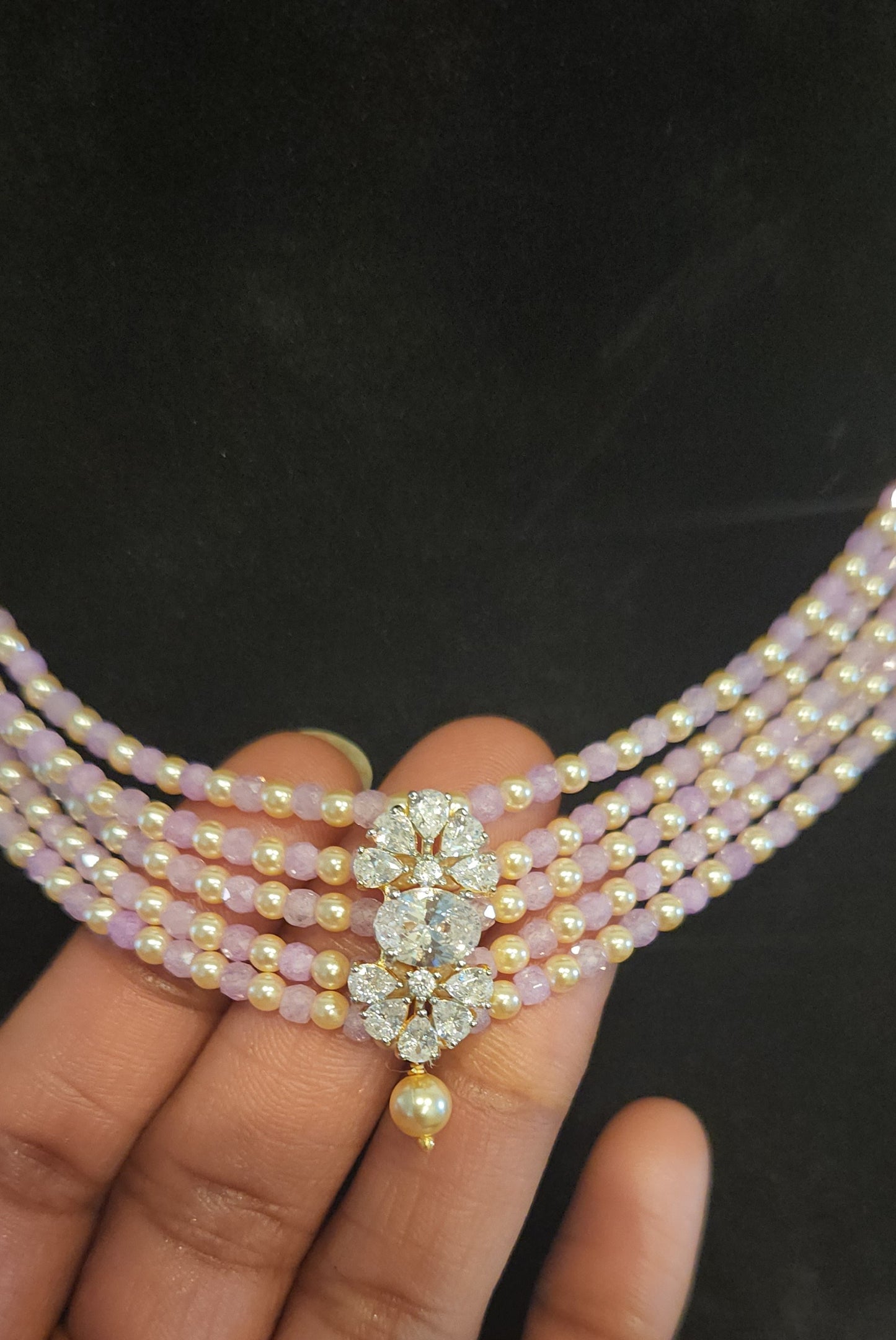 Regal 5 Layered CZ bead and Swarovski pearl Mala with 92.5 Silver Floral Pendant