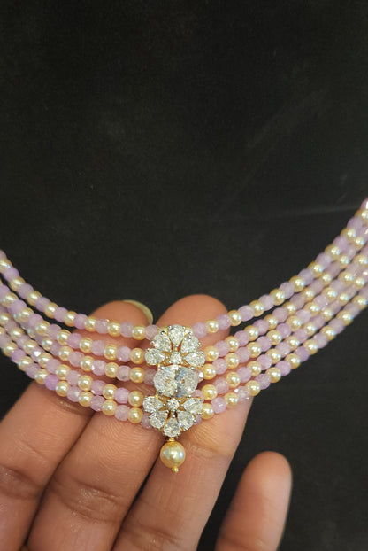 Regal 5 Layered CZ bead and Swarovski pearl Mala with 92.5 Silver Floral Pendant