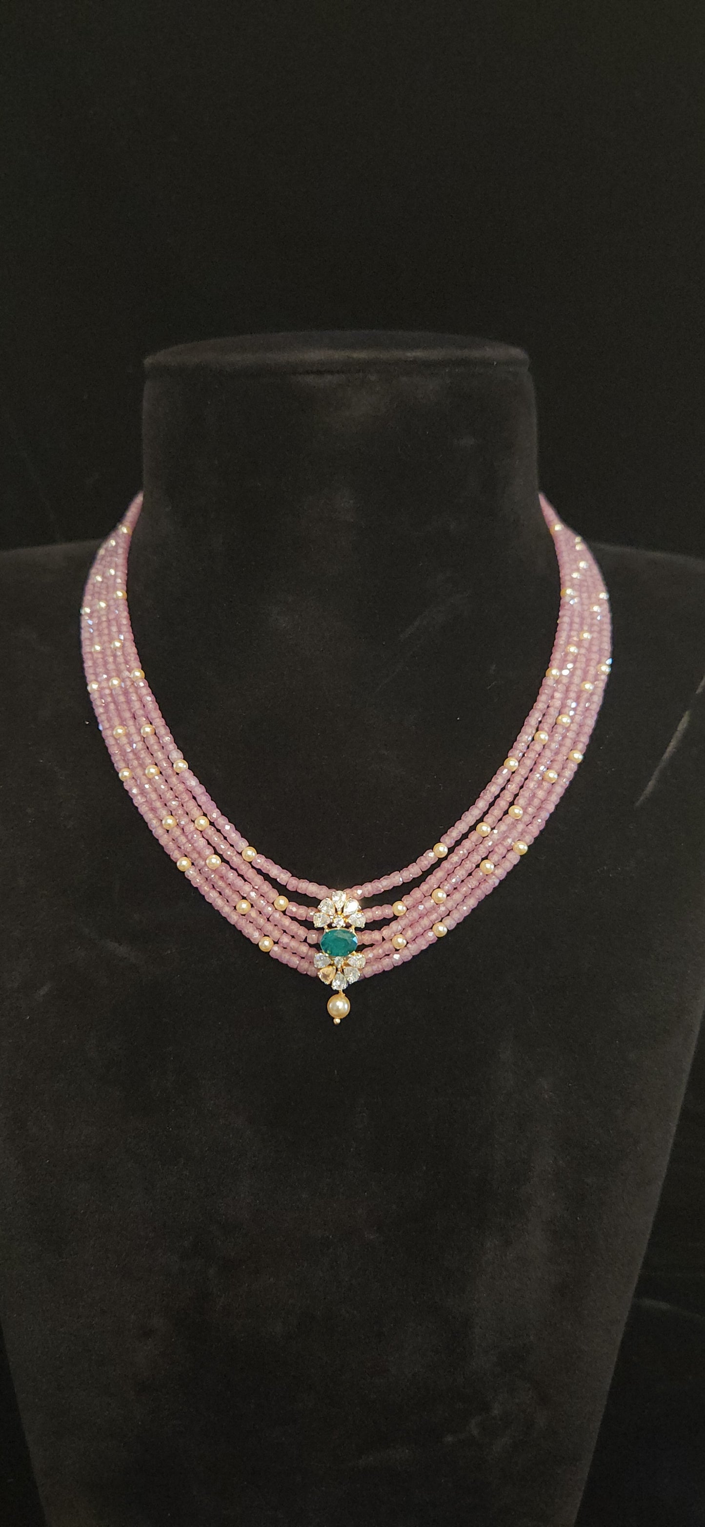 Regal 5 Layered CZ bead and Swarovski pearl Mala with 92.5 Silver Floral Pendant