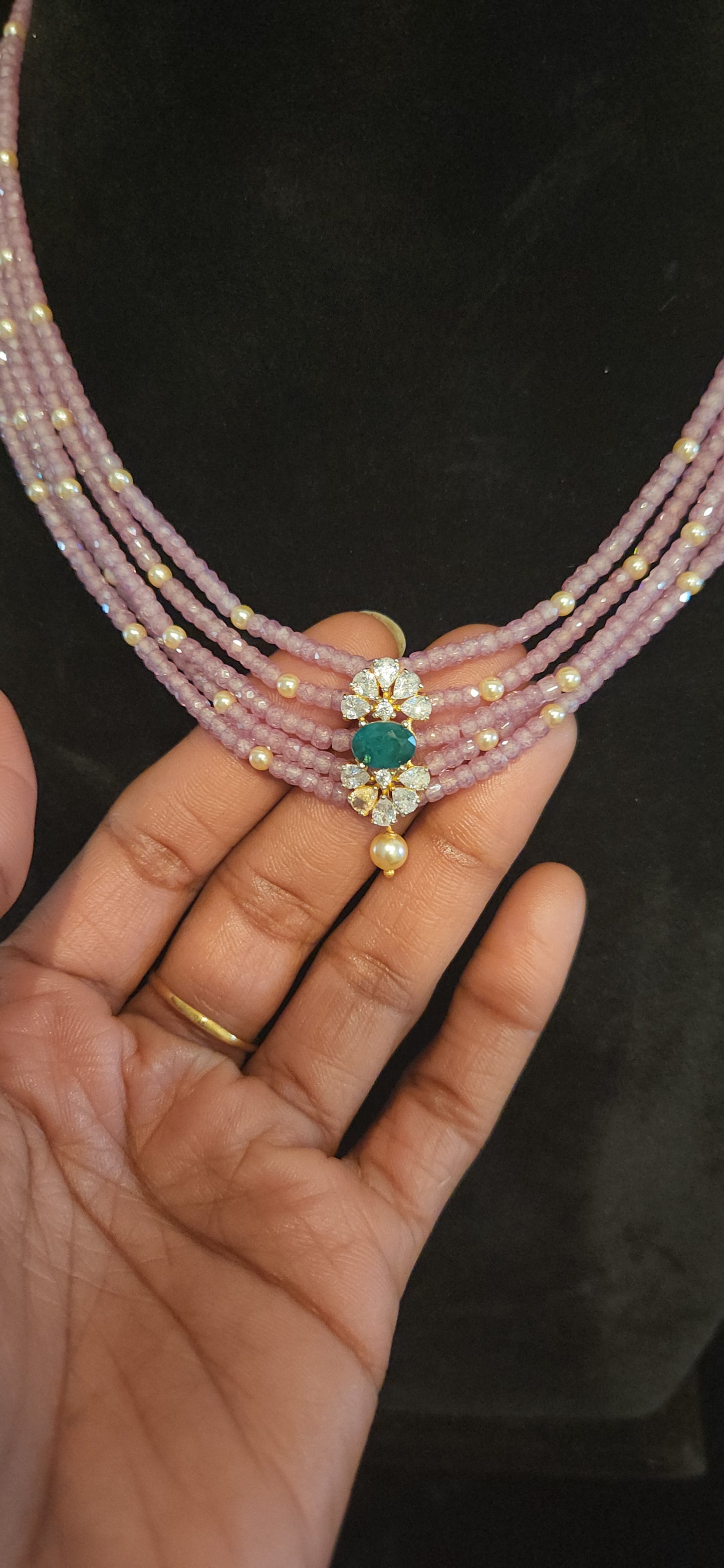 Regal 5 Layered CZ bead and Swarovski pearl Mala with 92.5 Silver Floral Pendant