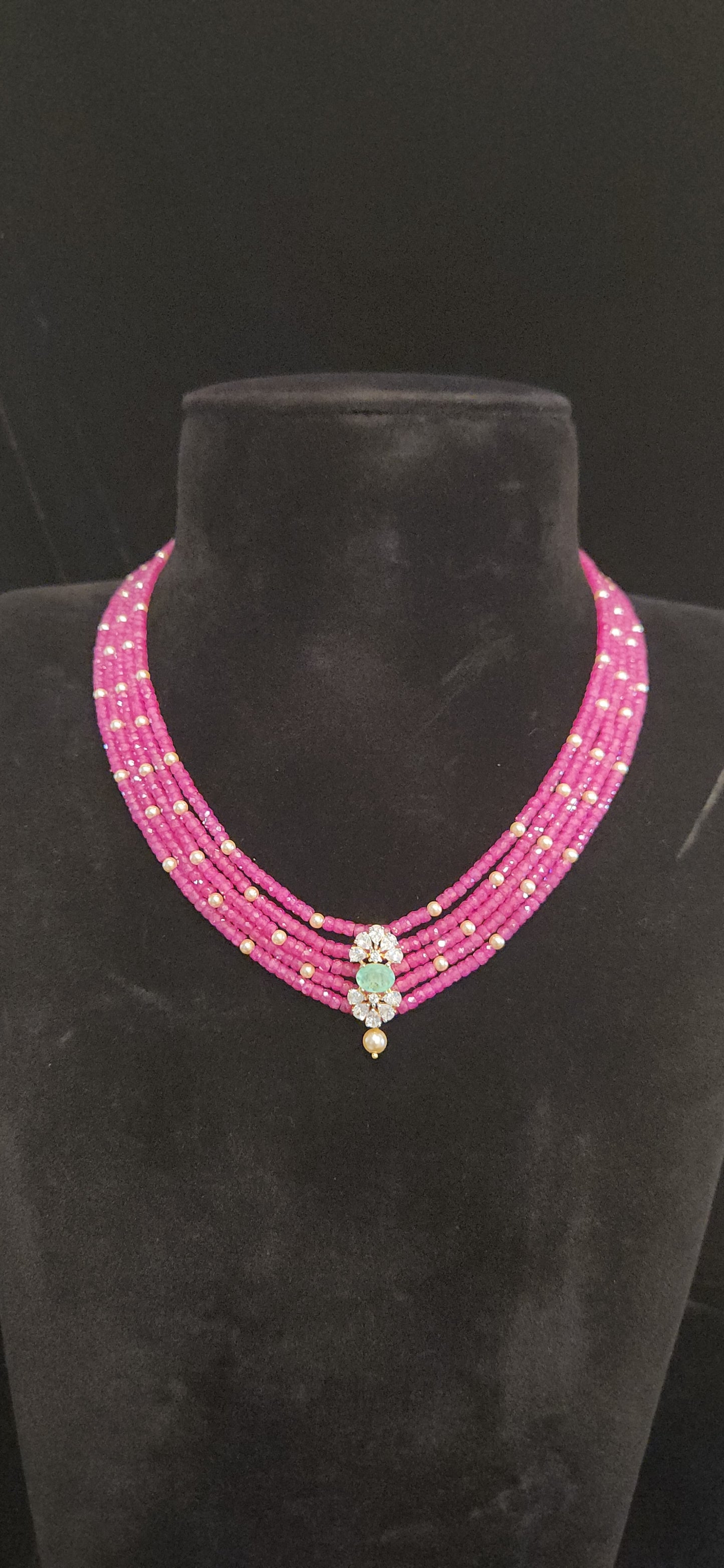 Regal 5 Layered CZ bead and Swarovski pearl Mala with 92.5 Silver Floral Pendant