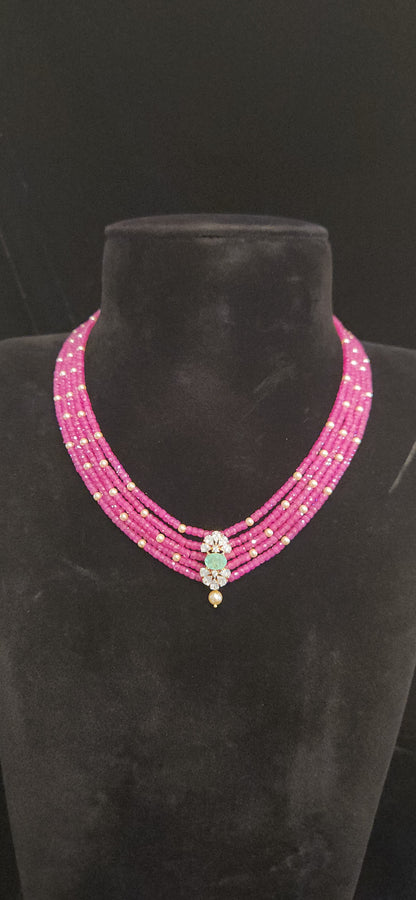 Regal 5 Layered CZ bead and Swarovski pearl Mala with 92.5 Silver Floral Pendant