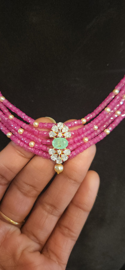 Regal 5 Layered CZ bead and Swarovski pearl Mala with 92.5 Silver Floral Pendant