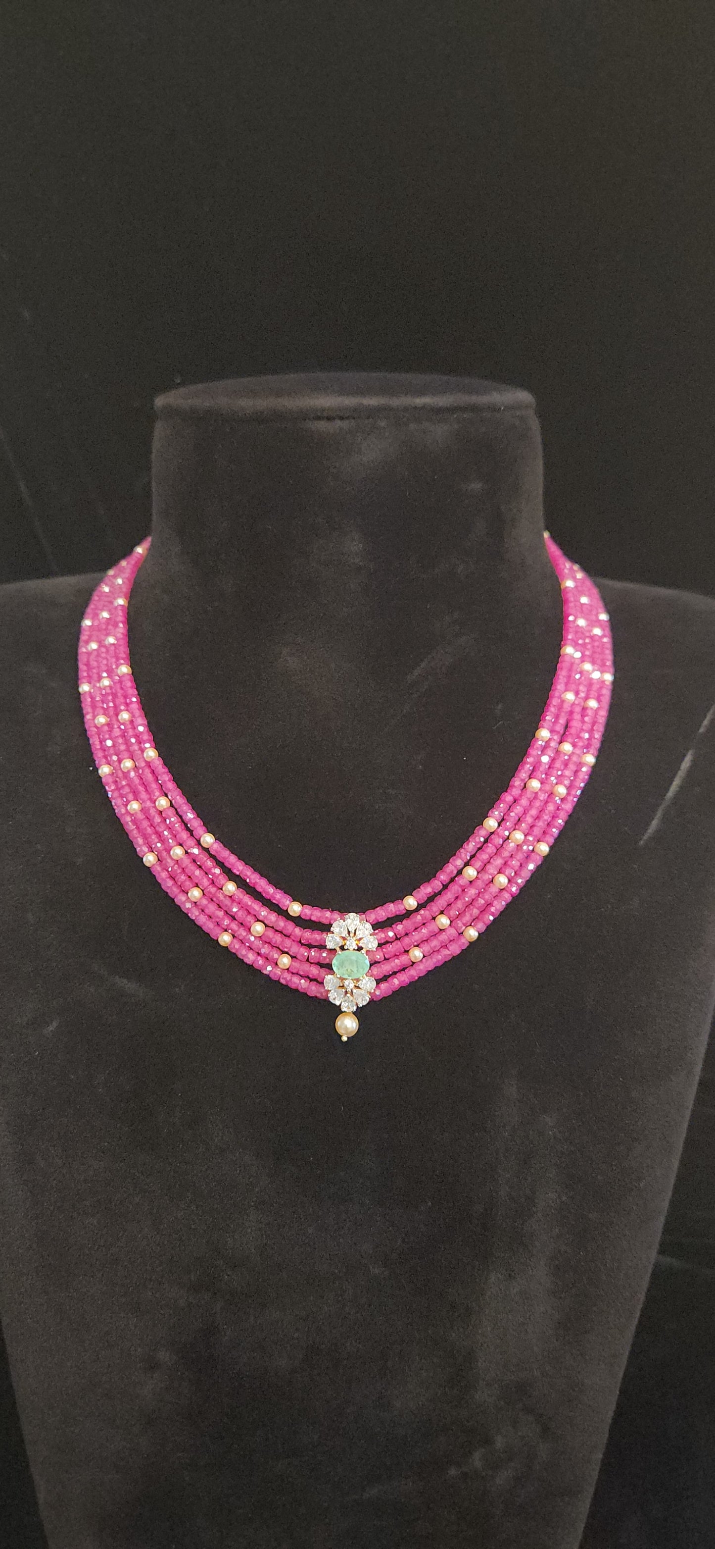 Regal 5 Layered CZ bead and Swarovski pearl Mala with 92.5 Silver Floral Pendant