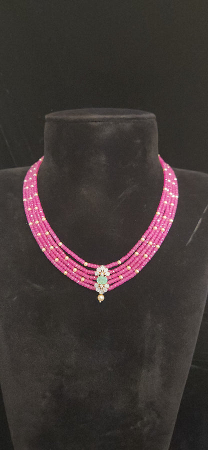 Regal 5 Layered CZ bead and Swarovski pearl Mala with 92.5 Silver Floral Pendant