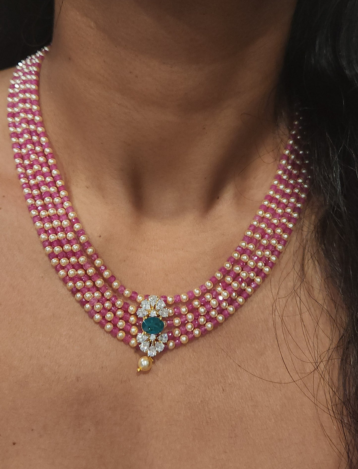 Regal 5 Layered CZ bead and Swarovski pearl Mala with 92.5 Silver Floral Pendant
