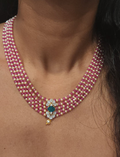 Regal 5 Layered CZ bead and Swarovski pearl Mala with 92.5 Silver Floral Pendant