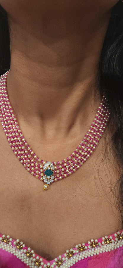Regal 5 Layered CZ bead and Swarovski pearl Mala with 92.5 Silver Floral Pendant