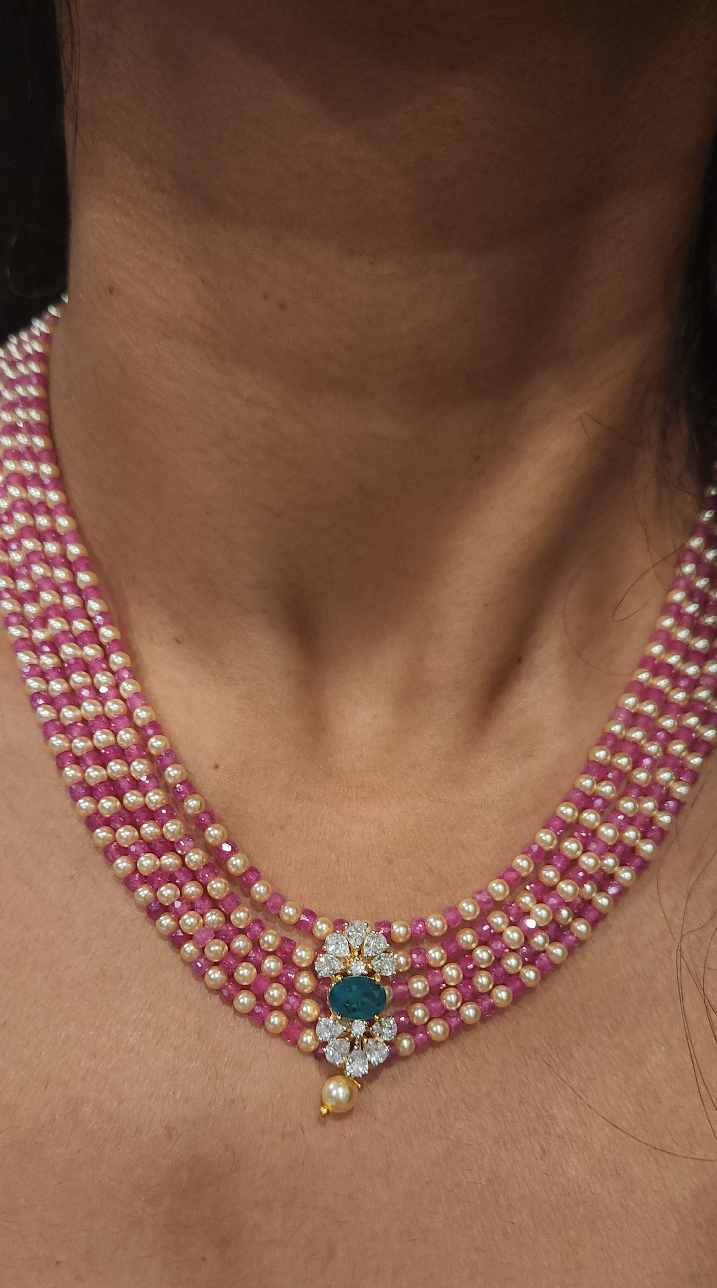 Regal 5 Layered CZ bead and Swarovski pearl Mala with 92.5 Silver Floral Pendant