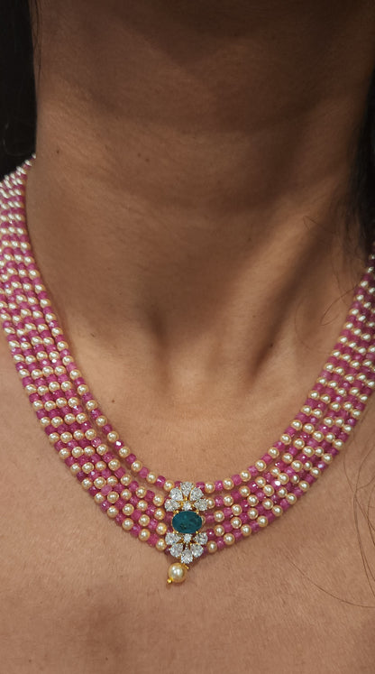 Regal 5 Layered CZ bead and Swarovski pearl Mala with 92.5 Silver Floral Pendant
