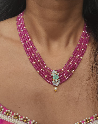 Regal 5 Layered CZ bead and Swarovski pearl Mala with 92.5 Silver Floral Pendant