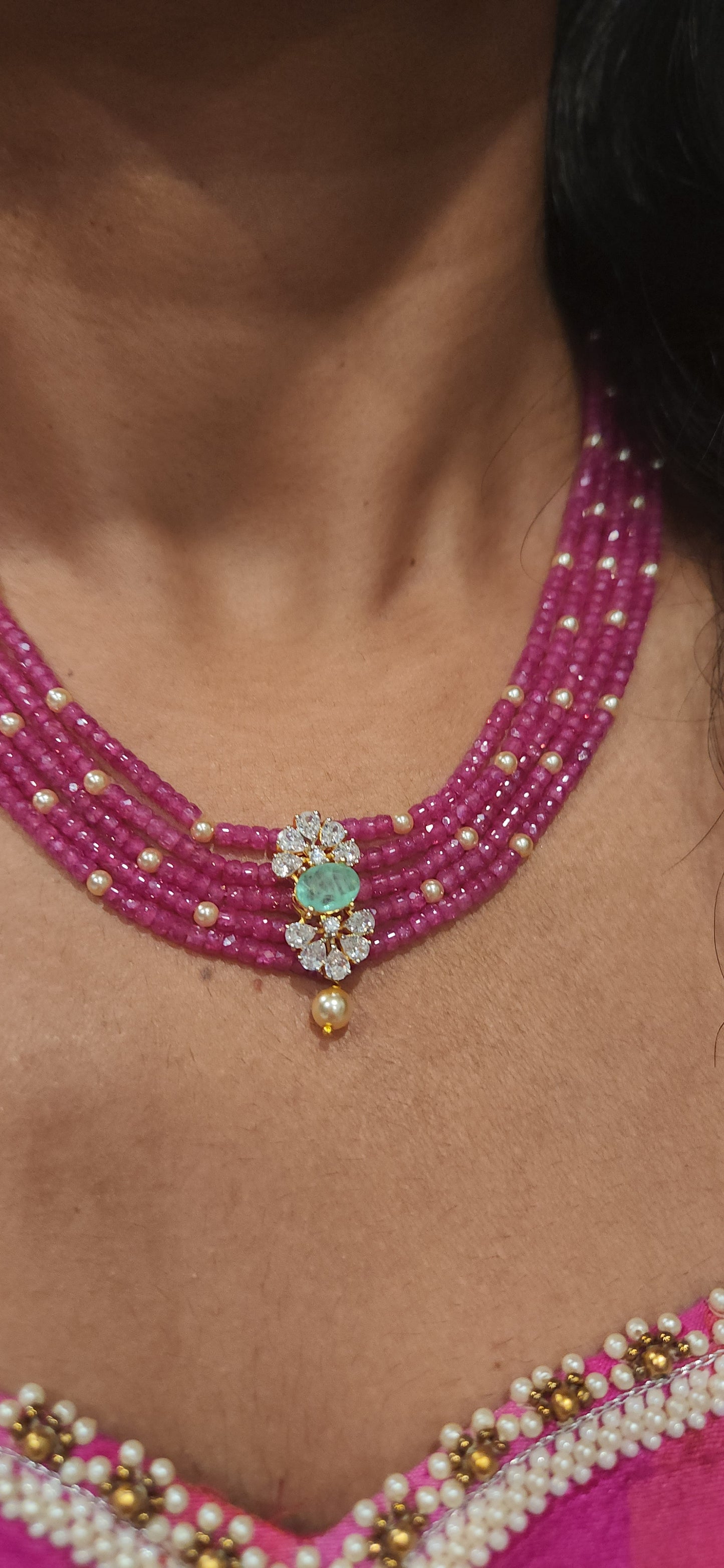 Regal 5 Layered CZ bead and Swarovski pearl Mala with 92.5 Silver Floral Pendant