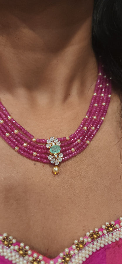 Regal 5 Layered CZ bead and Swarovski pearl Mala with 92.5 Silver Floral Pendant