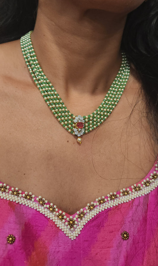 Regal 5 Layered CZ bead and Swarovski pearl Mala with 92.5 Silver Floral Pendant