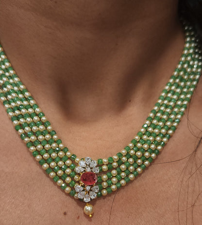Regal 5 Layered CZ bead and Swarovski pearl Mala with 92.5 Silver Floral Pendant