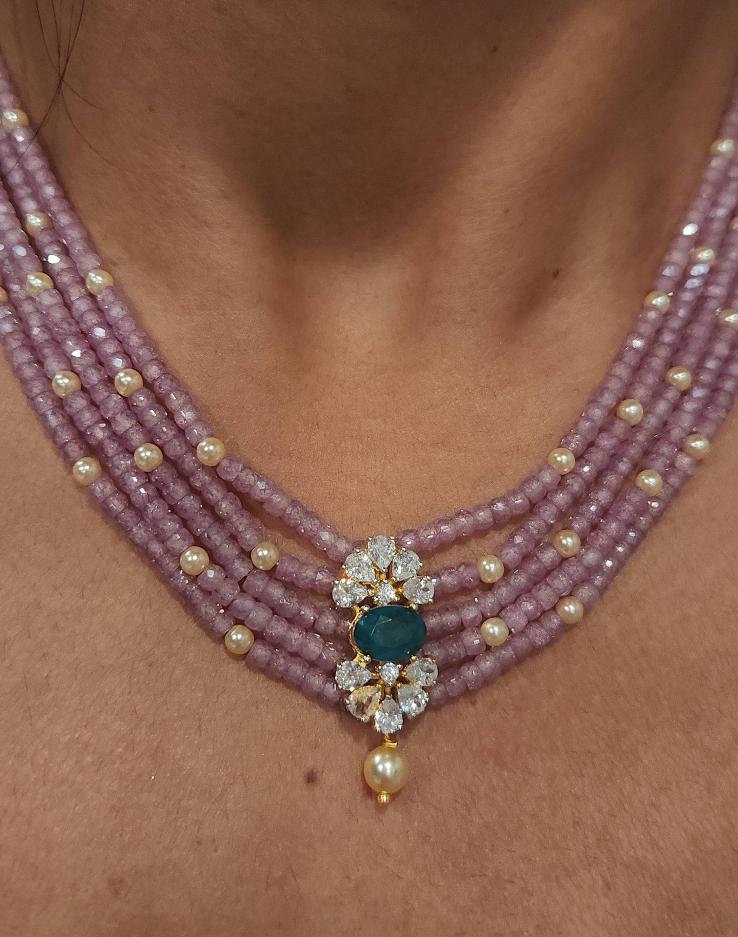 Regal 5 Layered CZ bead and Swarovski pearl Mala with 92.5 Silver Floral Pendant