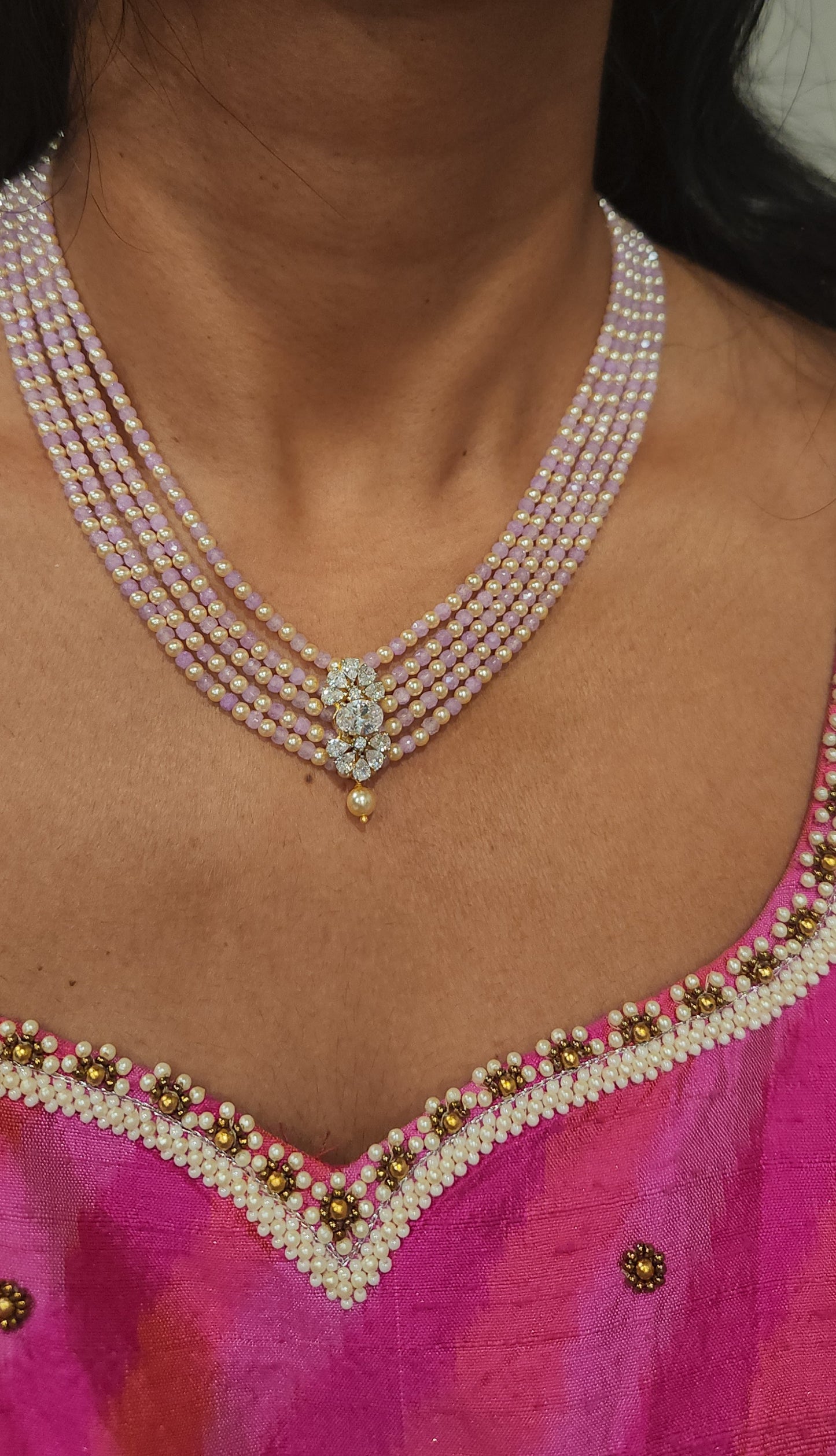 Regal 5 Layered CZ bead and Swarovski pearl Mala with 92.5 Silver Floral Pendant