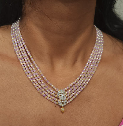 Regal 5 Layered CZ bead and Swarovski pearl Mala with 92.5 Silver Floral Pendant