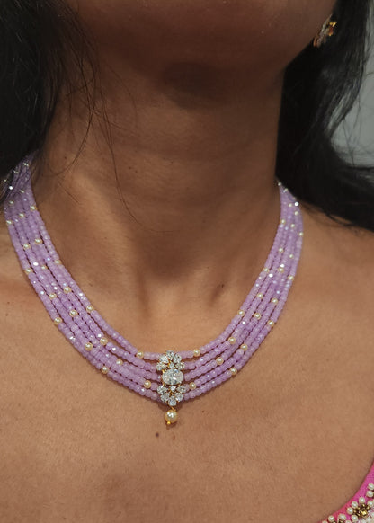 Regal 5 Layered CZ bead and Swarovski pearl Mala with 92.5 Silver Floral Pendant