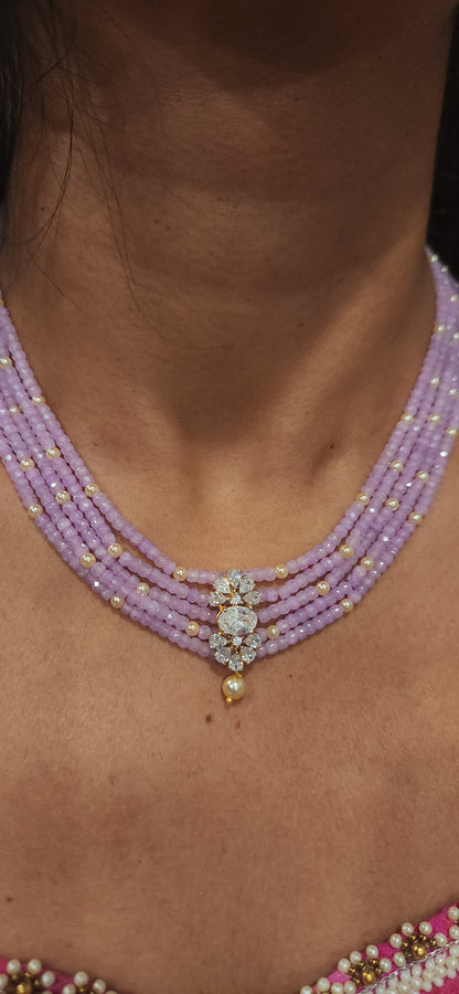 Regal 5 Layered CZ bead and Swarovski pearl Mala with 92.5 Silver Floral Pendant