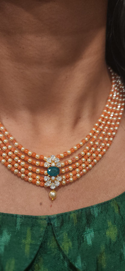 Regal 5 Layered CZ bead and Swarovski pearl Mala with 92.5 Silver Floral Pendant