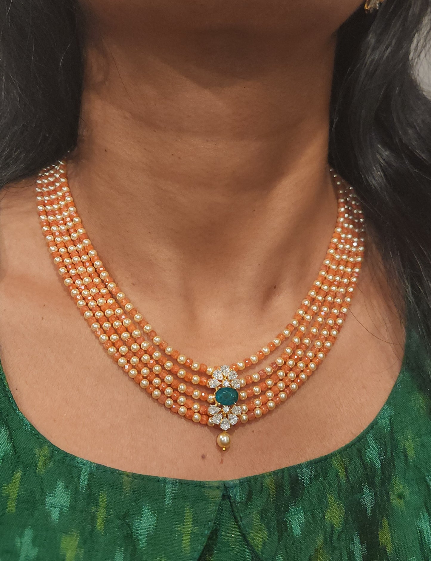 Regal 5 Layered CZ bead and Swarovski pearl Mala with 92.5 Silver Floral Pendant