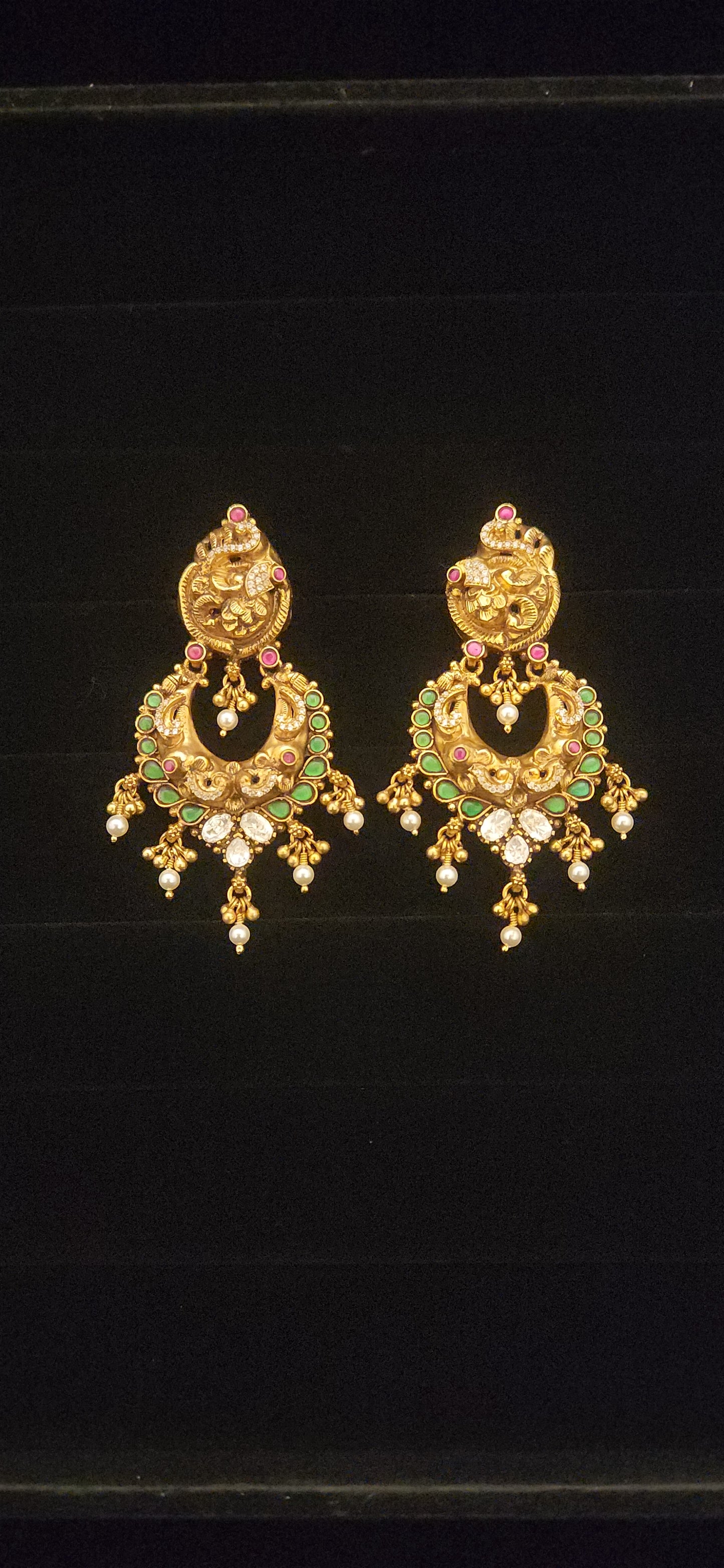 92.5 Silver Nakshi Peacock Green Kundan Chandbalis