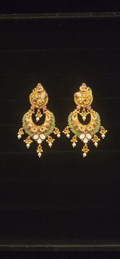 92.5 Silver Nakshi Peacock Green Kundan Chandbalis