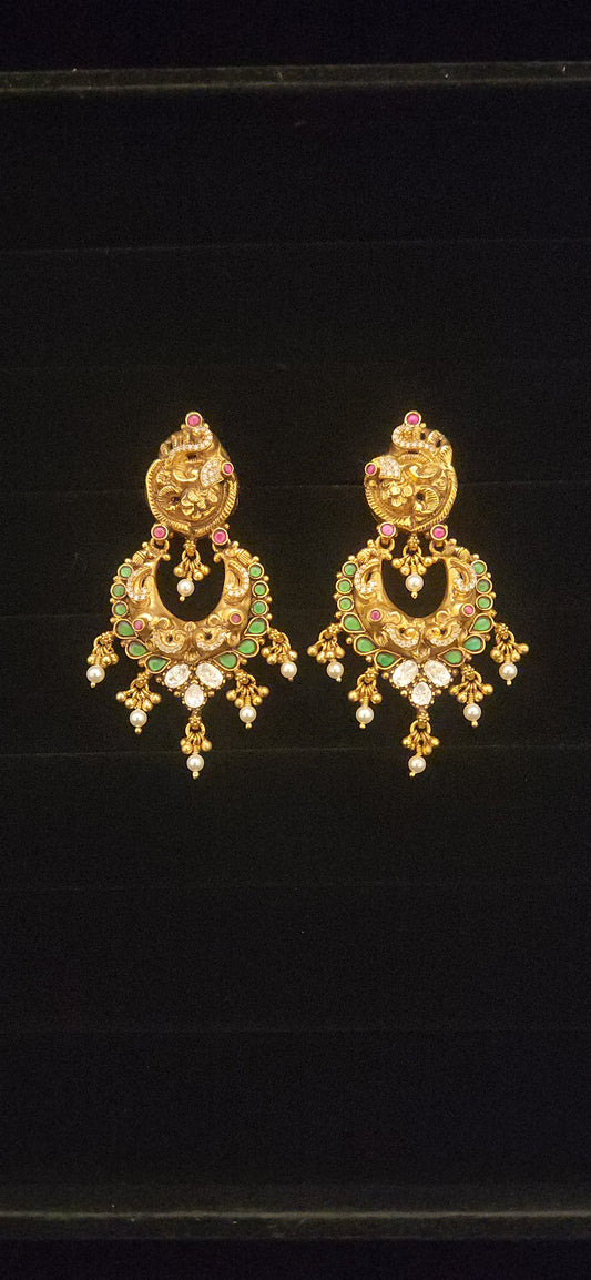 92.5 Silver Nakshi Peacock Green Kundan Chandbalis